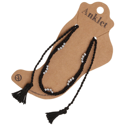 AN19 - Black Braided Anklet With Silver Beads And Tassels