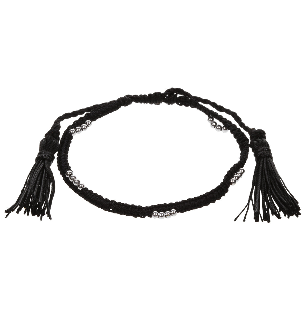 Black Braided Anklet With Silver Beads And Tassels