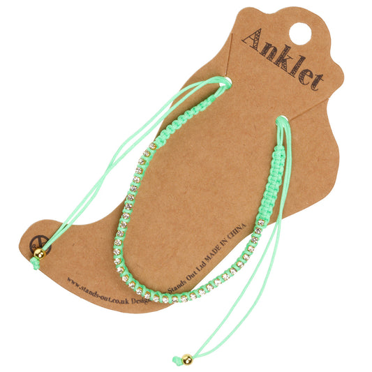 AN20 - Green Braided Anklet With Diamantes
