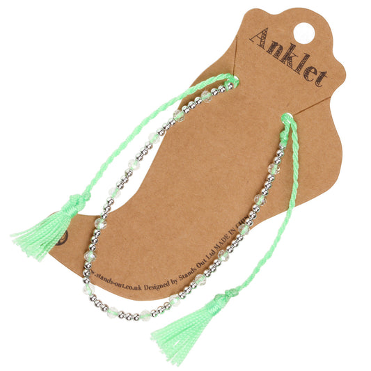 Green Anklet With Silver Beads And Tassels