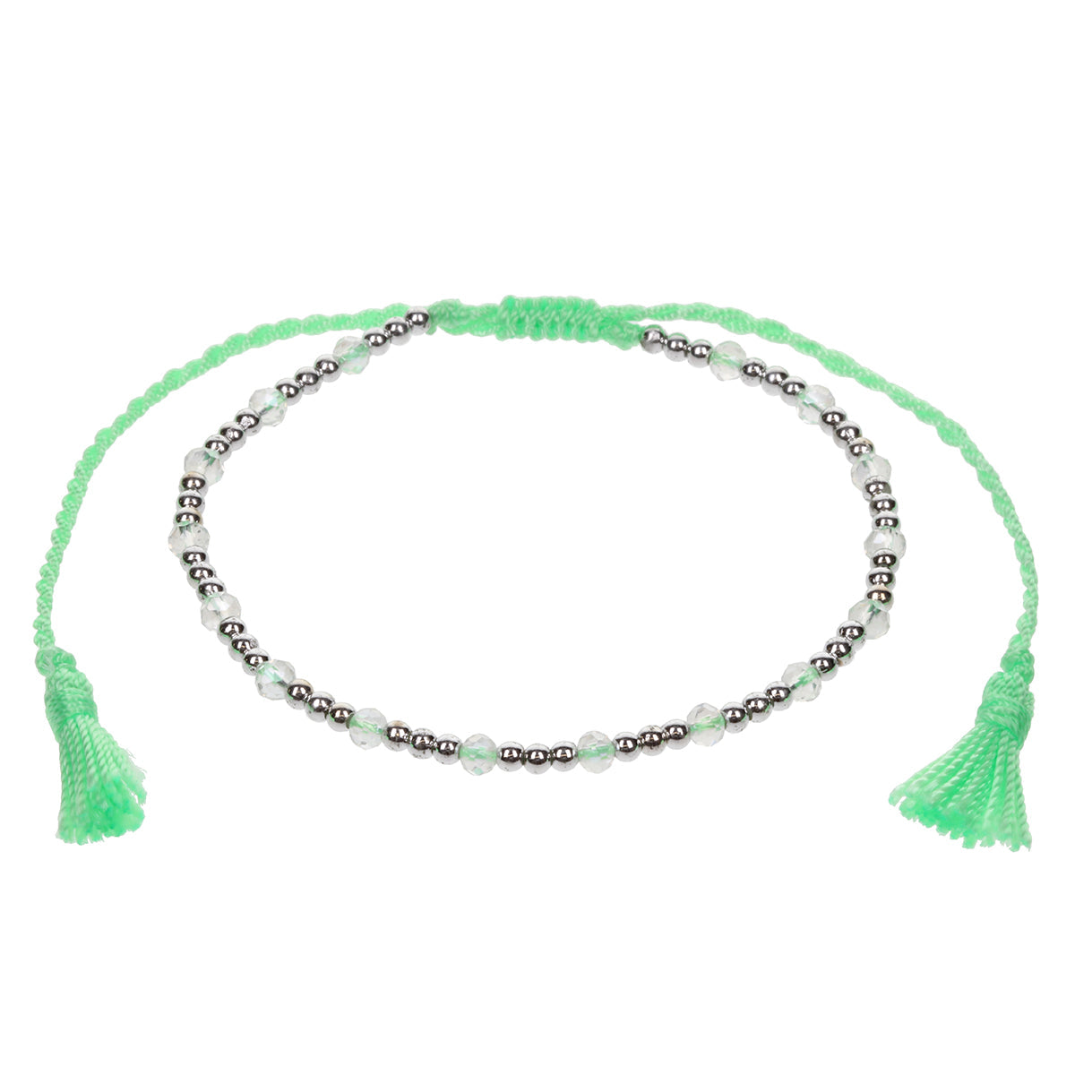 AN21 - Green Anklet With Silver Beads And Tassels