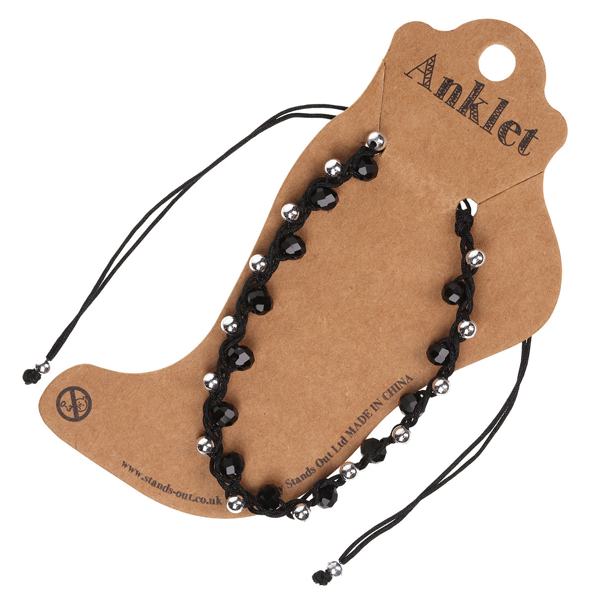 AN22 - Black Braided Anklet With Silver And Black Beads