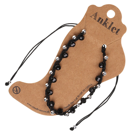 AN22 - Black Braided Anklet With Silver And Black Beads