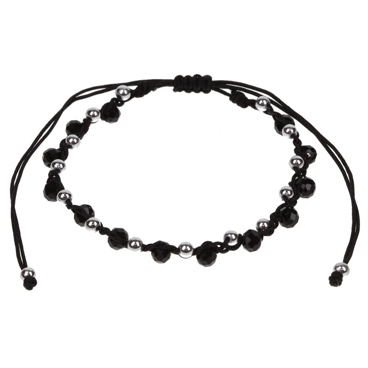 AN22 - Black Braided Anklet With Silver And Black Beads