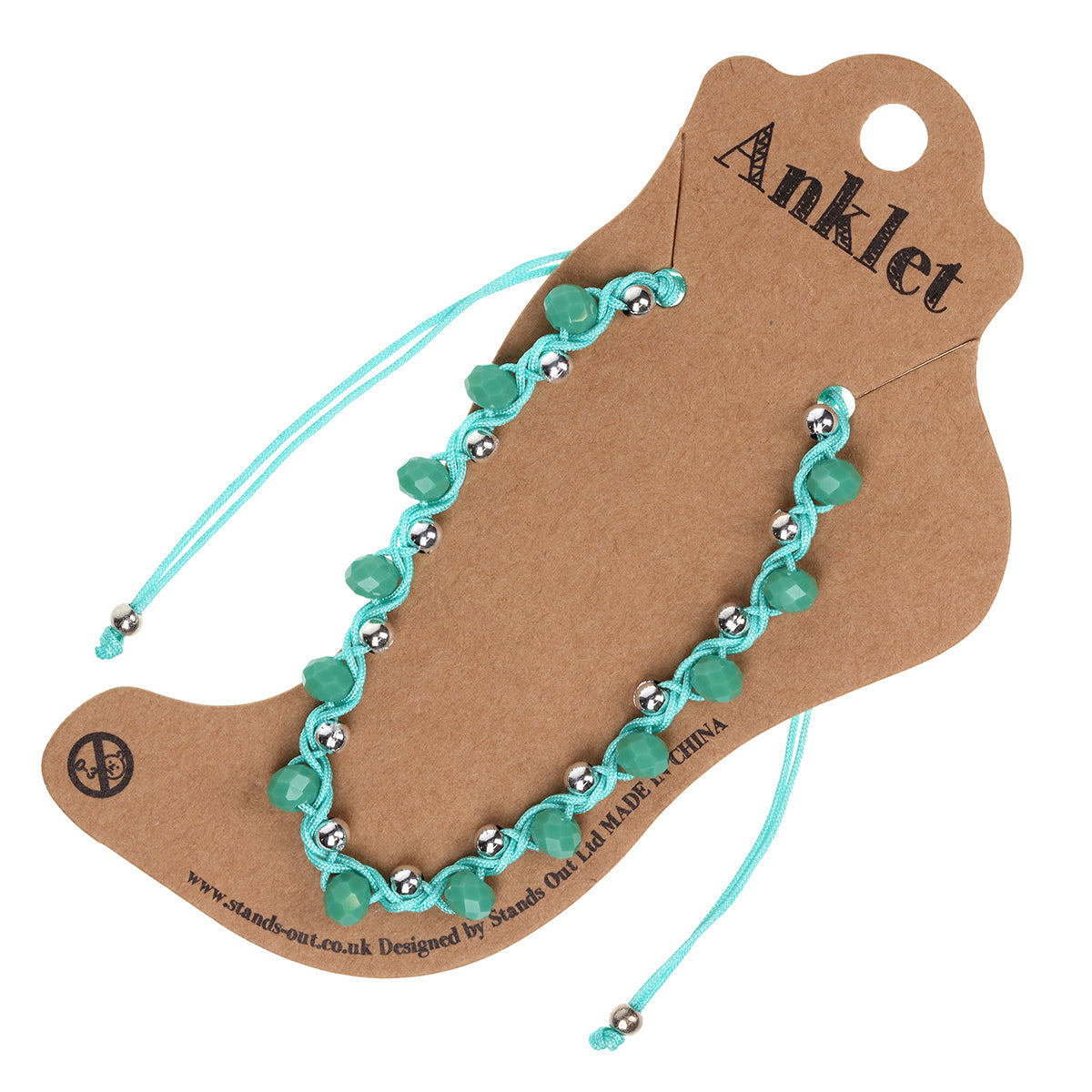AN23 - Turquoise Braided Anklet With Silver And Green Beads