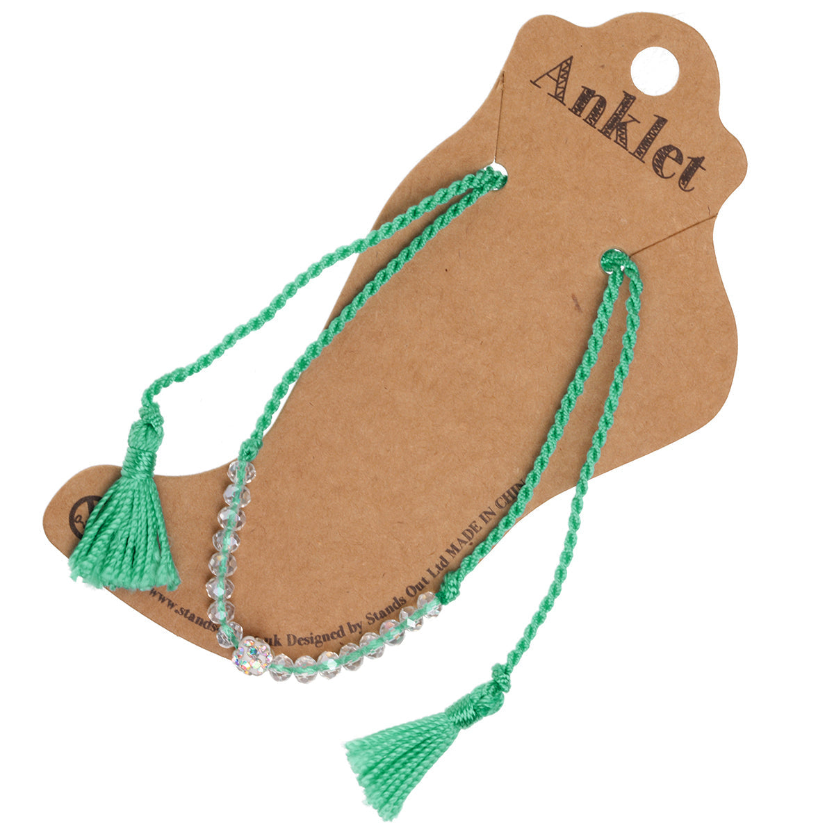 AN25 - Green Anklet With Clear Beads And Tassels