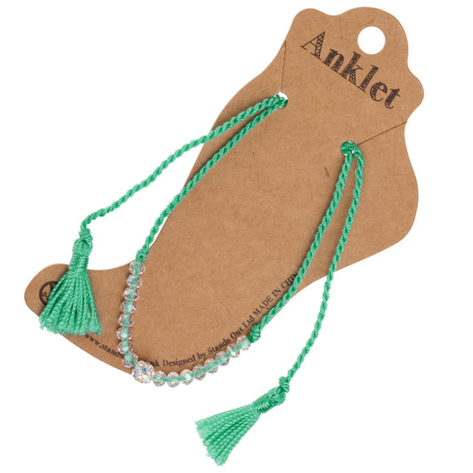 Green Anklet With Clear Beads And Tassels