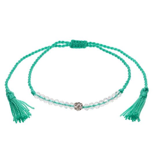 Green Anklet With Clear Beads And Tassels