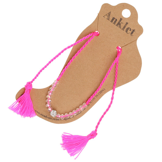 Hot Pink Anklet With Silver Beads And Tassels