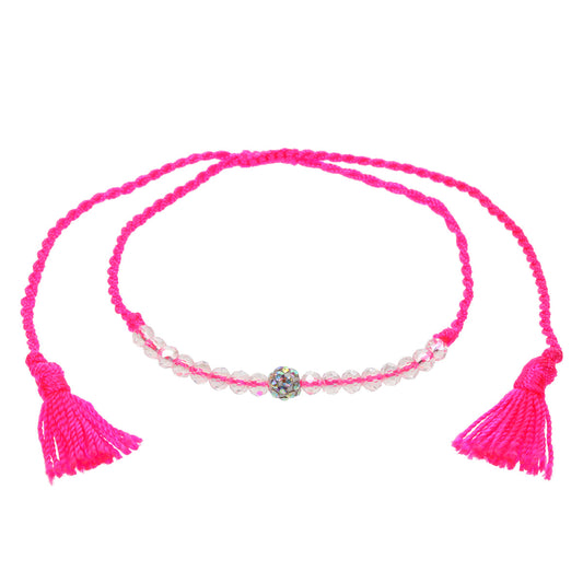 Hot Pink Anklet With Silver Beads And Tassels