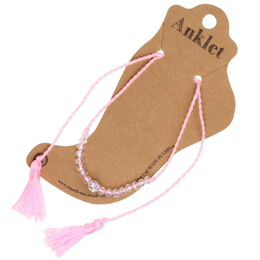 Pink Anklet With Clear Beads And Tassels
