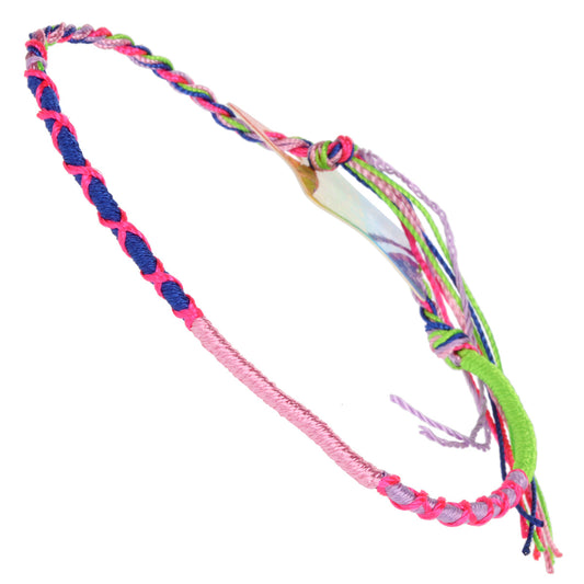 Multicoloured Navy, Lilac And Bright Green Friendship Bracelet With Pink Crosses