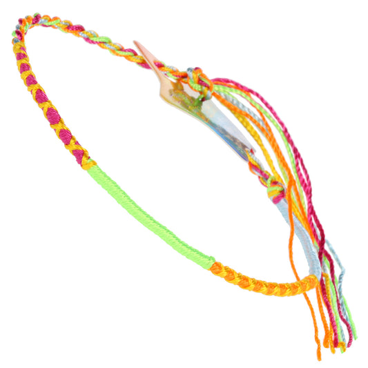 FB-F8 - Multicoloured Pink, Orange, Neon Green And Sky Blue Friendship Bracelet With Yellow Crosses