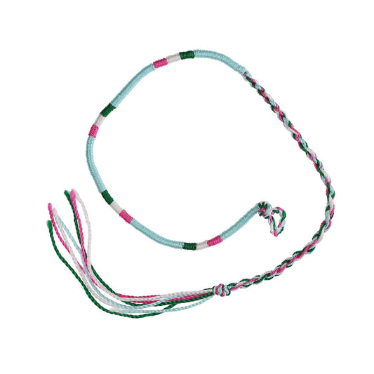 FB-E9 - Multicoloured Sky Blue Wrapped Friendship Bracelet With Green, White And Pink Stripes