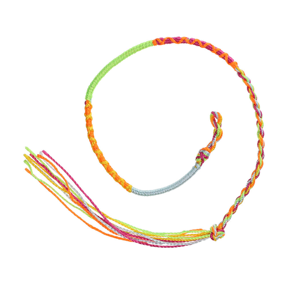 FB-F8 - Multicoloured Pink, Orange, Neon Green And Sky Blue Friendship Bracelet With Yellow Crosses