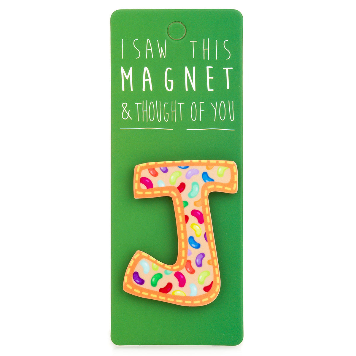 A fridge magnet saying 'J'