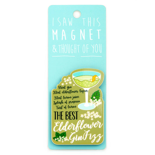 A fridge magnet saying 'Elderflower Gin Fizz'