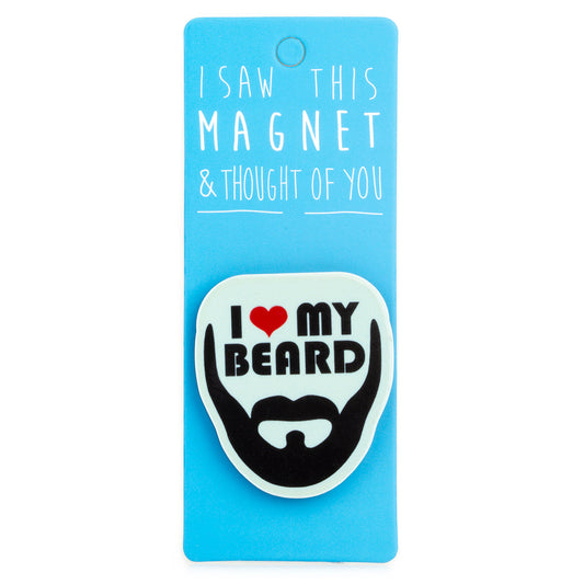 A fridge magnet saying 'I Heart My Beard'