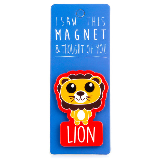 A fridge magnet saying 'Lion'