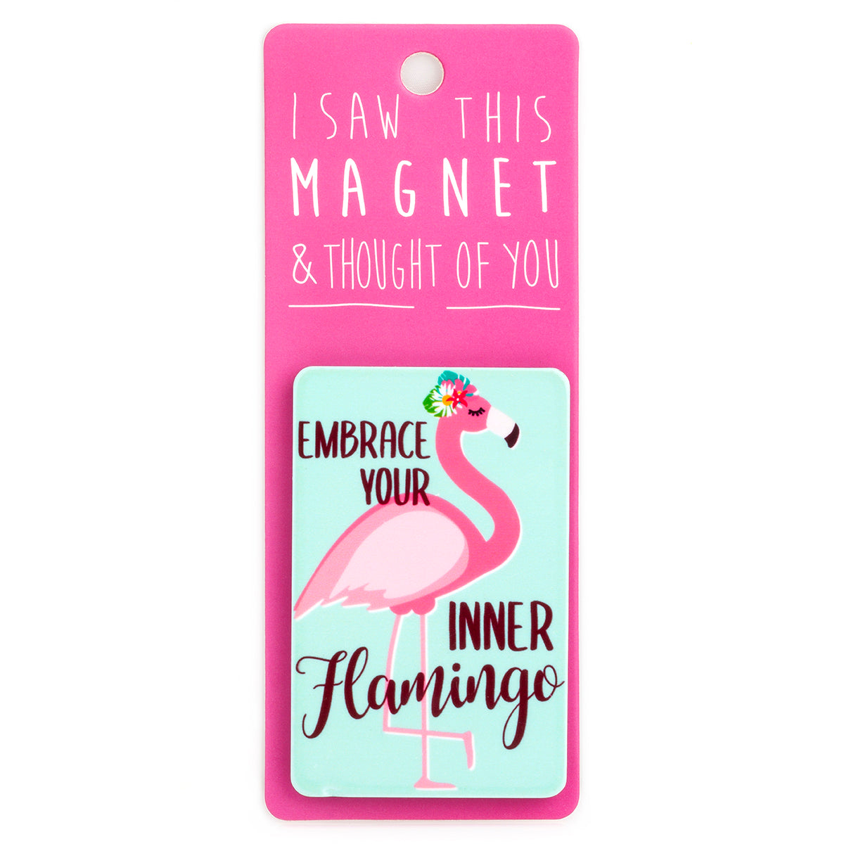 A fridge magnet saying 'Flamingo'