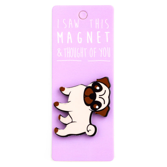 A fridge magnet saying 'Pug'