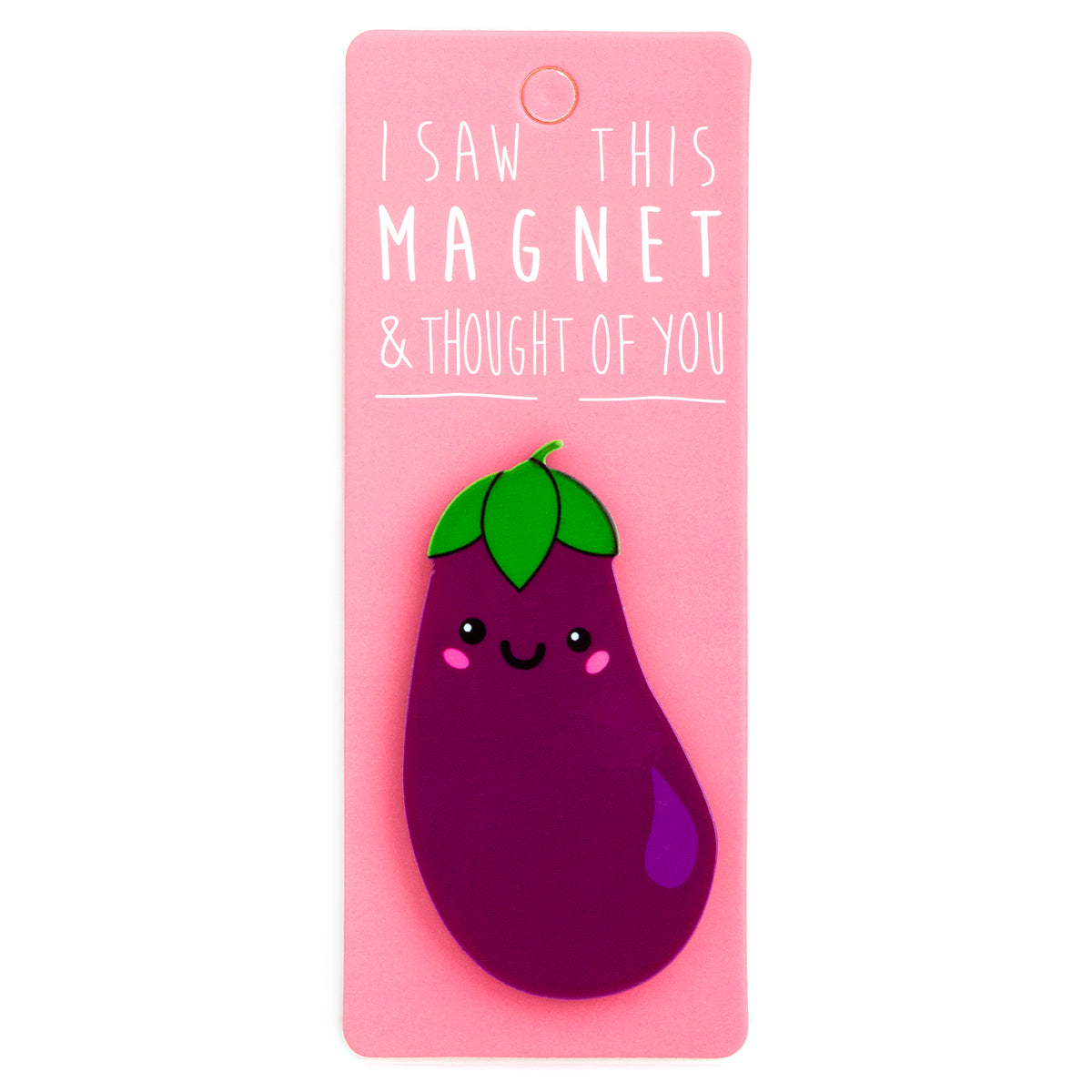 A fridge magnet saying 'Aubergine'