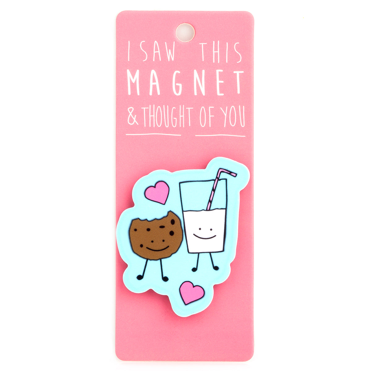 A fridge magnet saying 'Cookie & Milk'