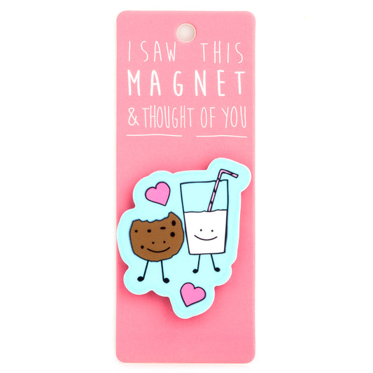 A fridge magnet saying 'Cookie & Milk'