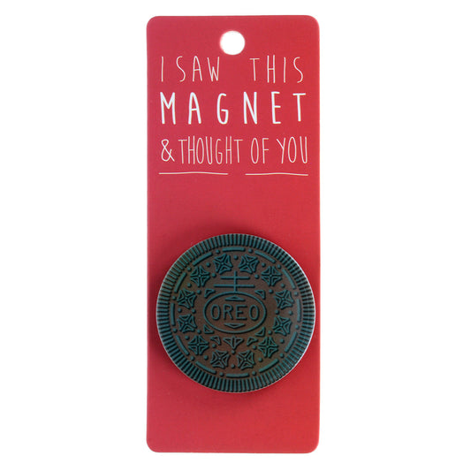 A fridge magnet saying 'Oreo'