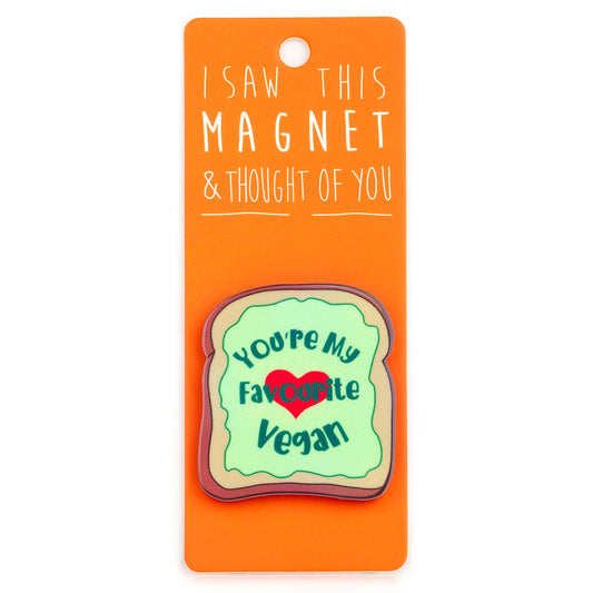 A fridge magnet saying 'Favourite Vegan'