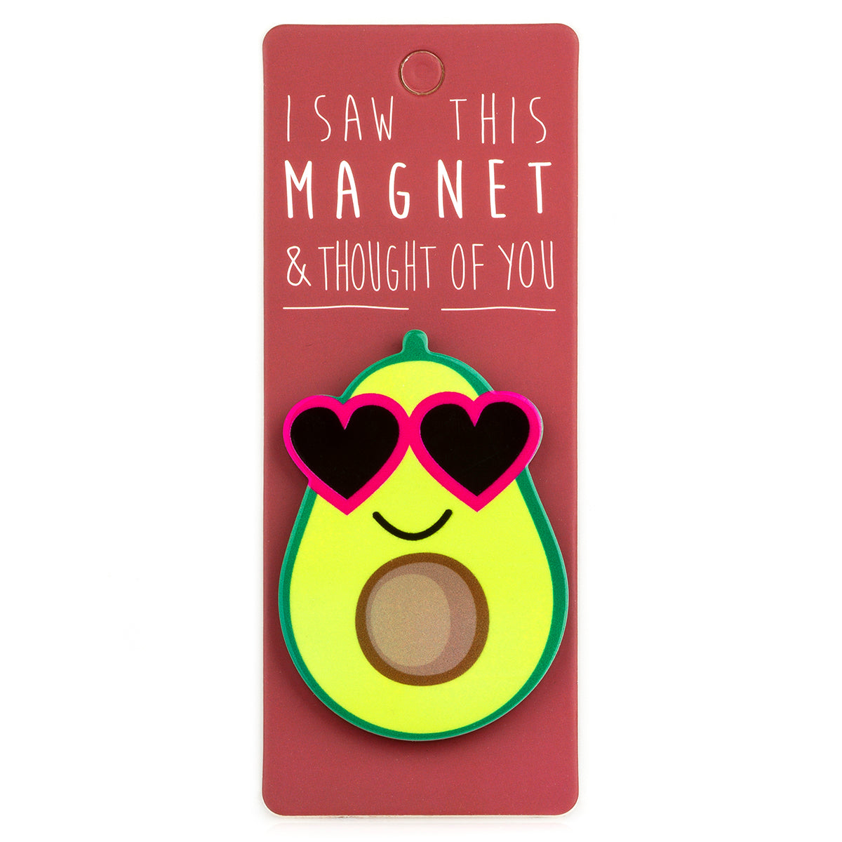 A fridge magnet saying 'Avocado'