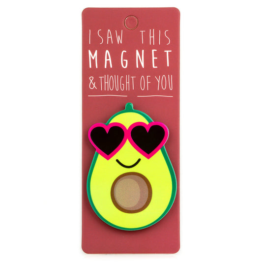 A fridge magnet saying 'Avocado'