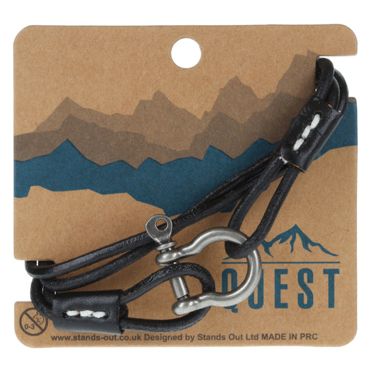 Quest Mens Black Leather Bracelet With A Silver Push Clasp