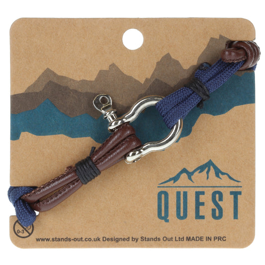 Quest Mens Brown And Blue Braided Leather Bracelet With A Silver Push Clasp