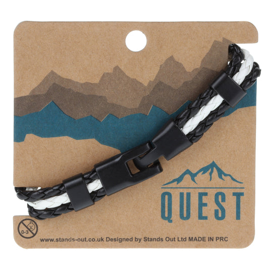 Quest Mens Black And White Braided Leather Bracelet With A Black Toggle Clasp