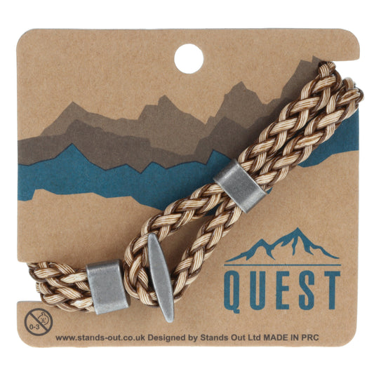 Quest Mens Brown And Cream Braided Leather Bracelet With A Silver Toggle Clasp