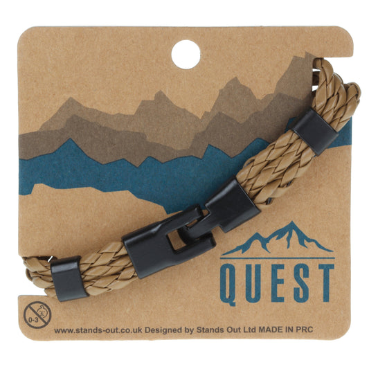 Q7 - Quest Mens Dark Beige Braided Leather Bracelet With A Black Toggle Clasps