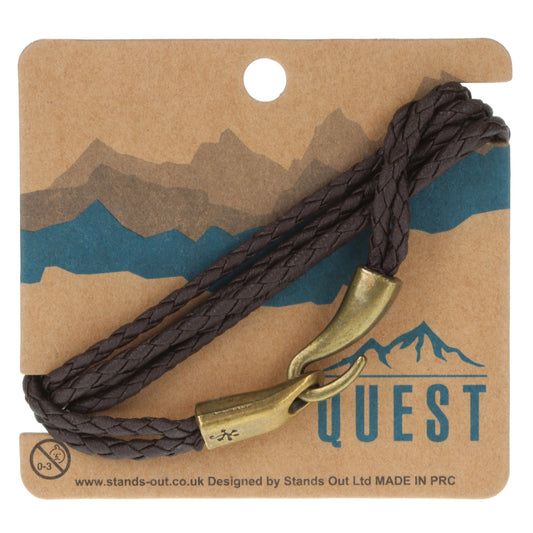 Q10 - Quest Mens Brown Braided Leather Bracelet With A Gold hook Fastening