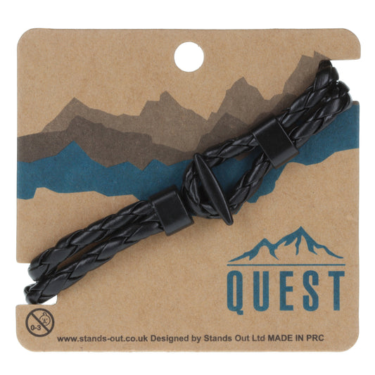 Quest Mens Black Braided Leather Double Strand Bracelet With A Black Toggle Clasp