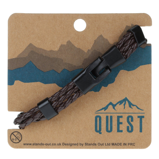 Quest Mens Triple Braided Brown Leather Bracelet With A Black Toggle Clasp