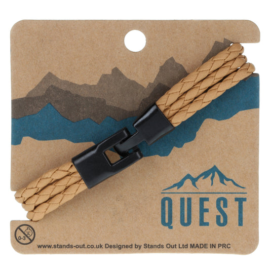 Quest Mens Triple Braided Dark Tan Leather Bracelet With A Black Toggle Clasp