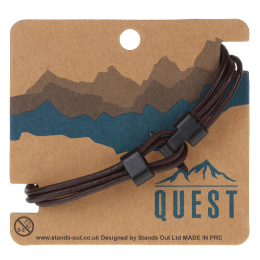 Q22 - Quest Mens Brown Leather Strand Bracelet With A Black Toggle Clasp