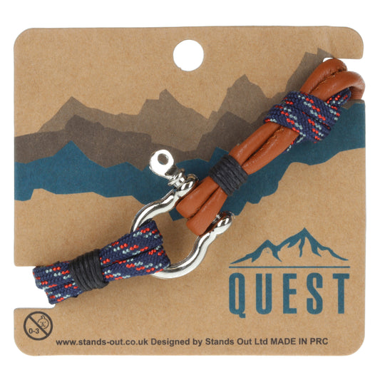 Q23 - Quest Mens Brown And Blue Patterned Braided Leather Bracelet With A Silver Push Clasp