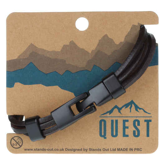 Quest Mens Brown Leather Triple Strand Bracelet With A Black Toggle Clasp