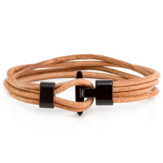 Quest Mens Tan Leather Strand Bracelet With A Black Toggle Clasp