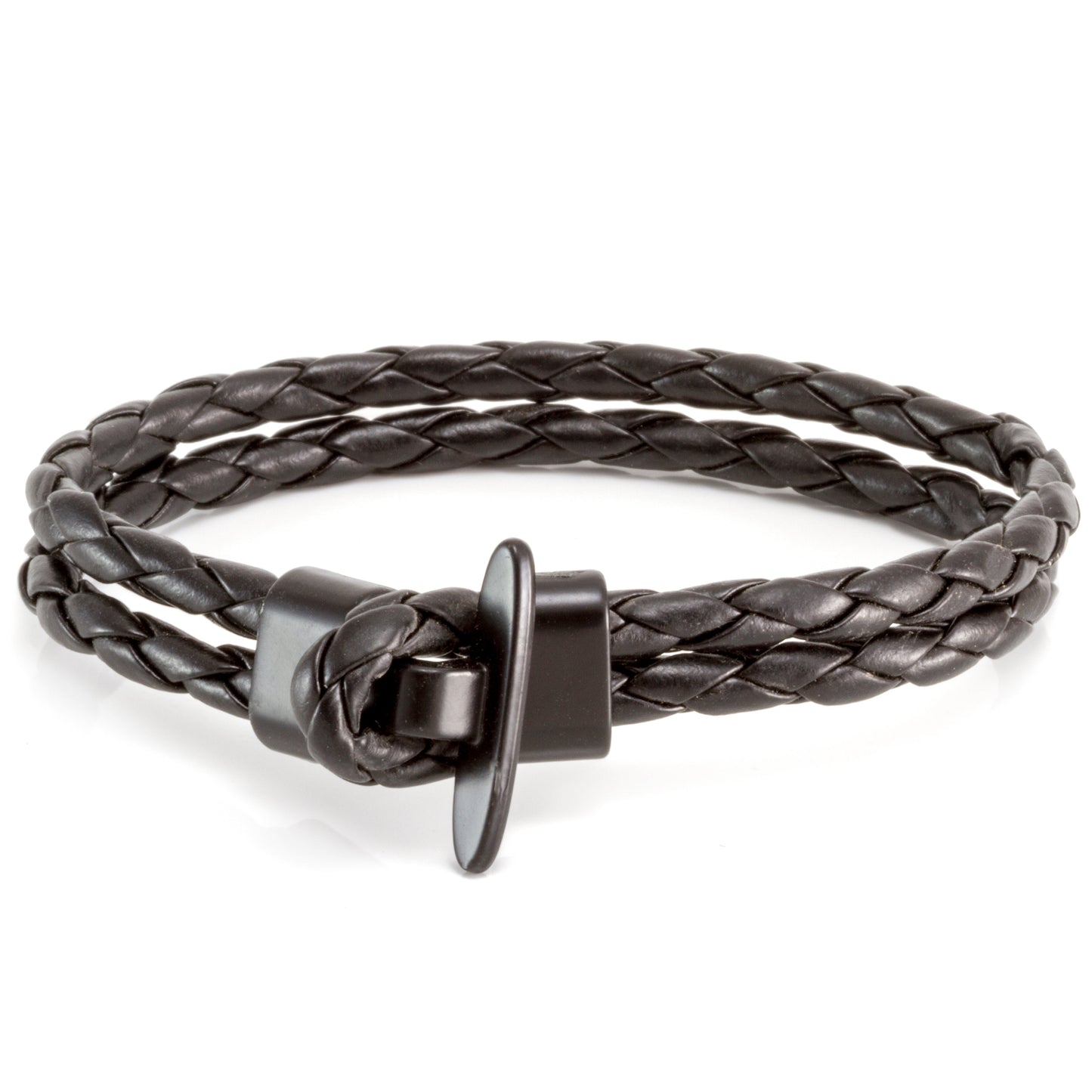 Q17 - Quest Mens Black Braided Leather Double Strand Bracelet With A Black Toggle Clasp
