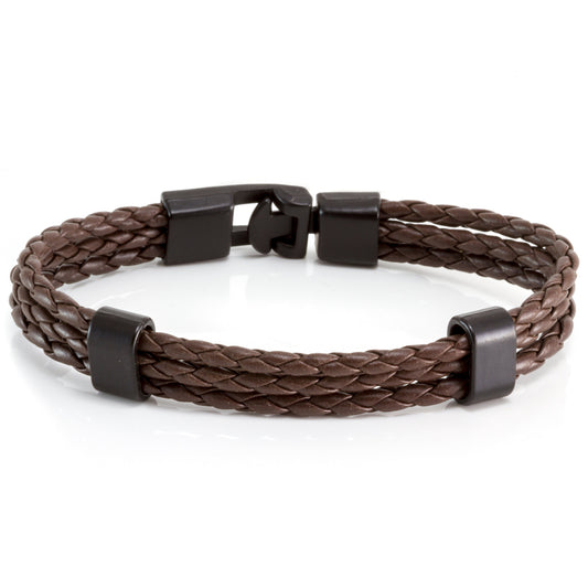 Quest Mens Triple Braided Brown Leather Bracelet With A Black Toggle Clasp