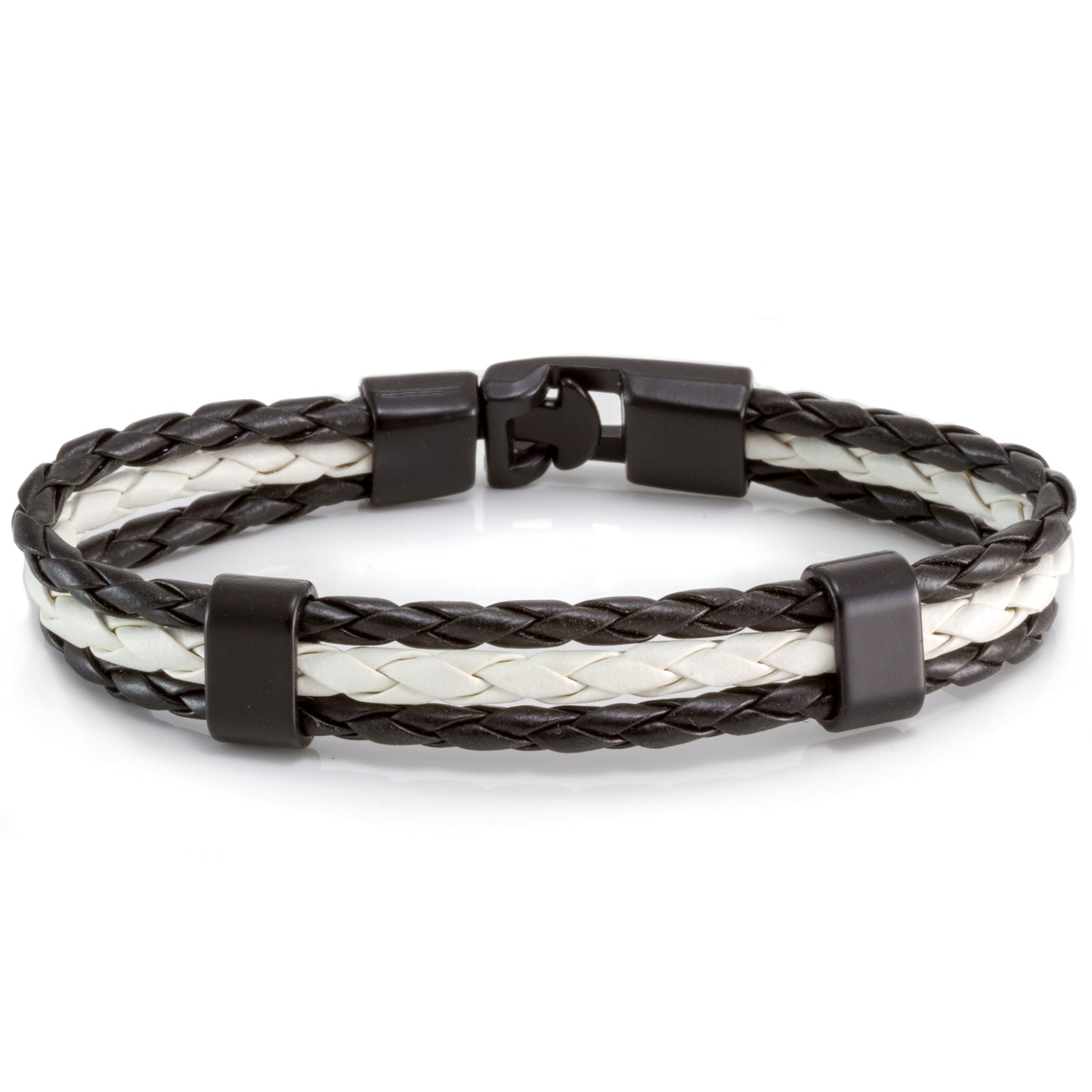 Q4 - Quest Mens Black And White Braided Leather Bracelet With A Black Toggle Clasp
