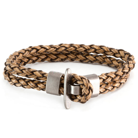 Quest Mens Brown And Cream Braided Leather Bracelet With A Silver Toggle Clasp
