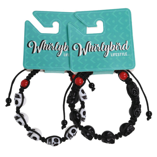 WBL5 - Whirlybird Black OR White Skull Lifestyle Bracelet With Red Beads